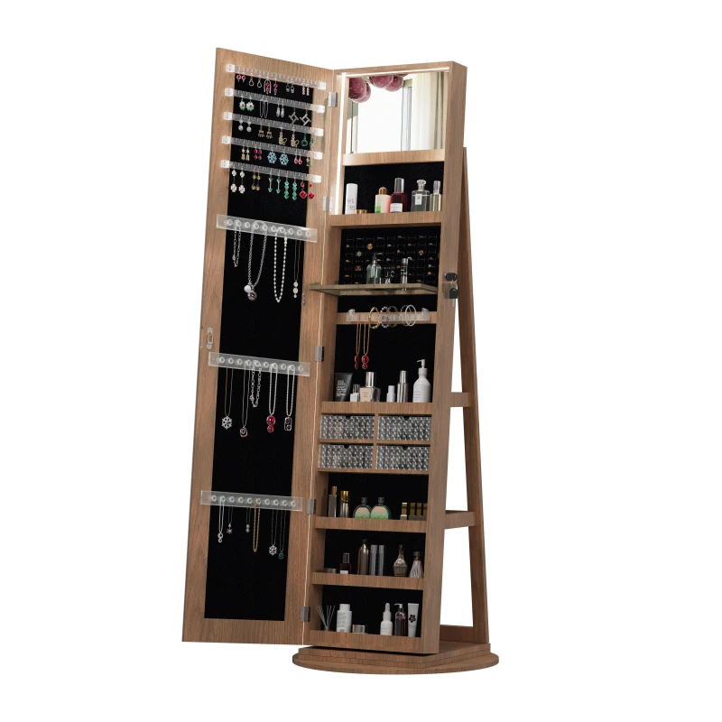 

360°Swivel Jewelry Cabinet with Full Length Mirror, 360°Rotating Standing Jewelry Armoire Organizer , Lockable Storage Cabine