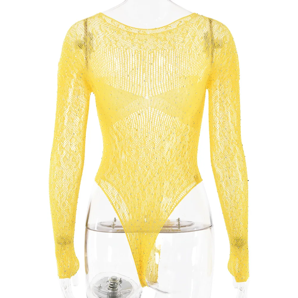 Damen Slim Fit Transparenter Langarm-Romper, Glänzender Strass-T-Shirt-Bodysuit, Party-Club-Overall mit Ausschnitten – Detail 4