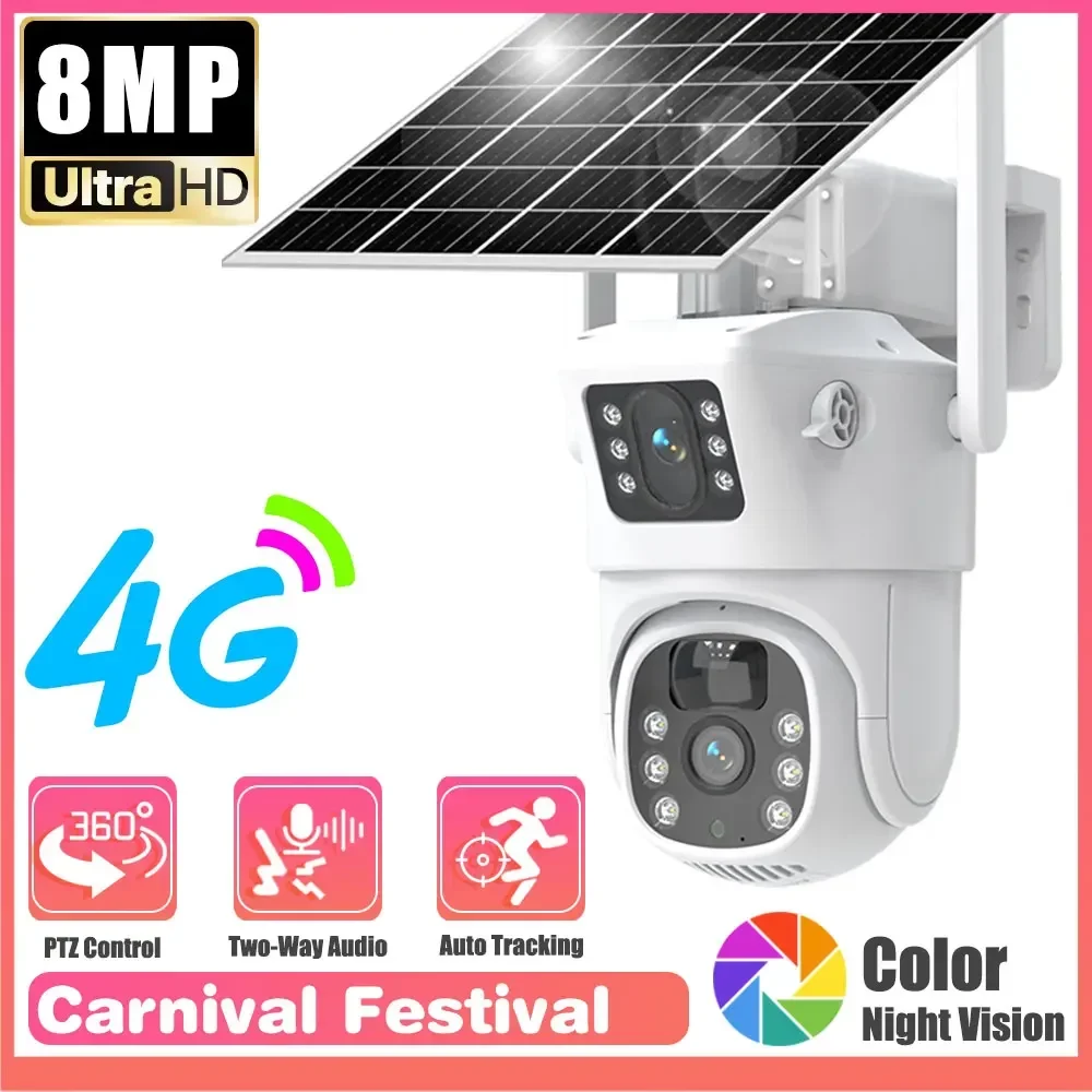 

4K 8MP 4G Sim Card Solar Camera Outdoor Battery PTZ IP Camera Dual Lens Surveillance Camera EseeCloud APP Security Protection