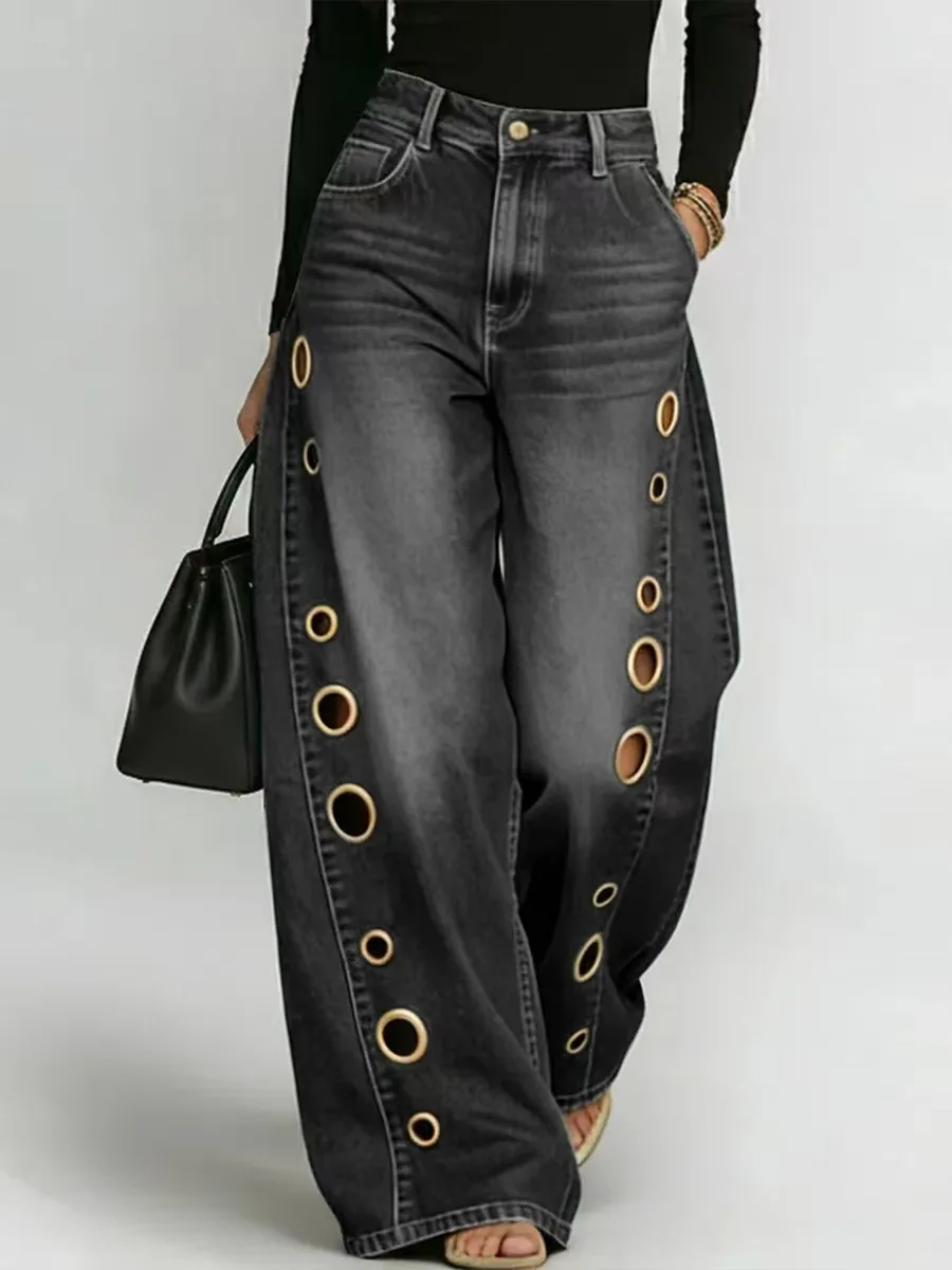 Vintage Wide-leg Denim Pants Side Metal Eyelet Hollow Out Women Jeans Personality Streetwear High-waisted Loose Trousers