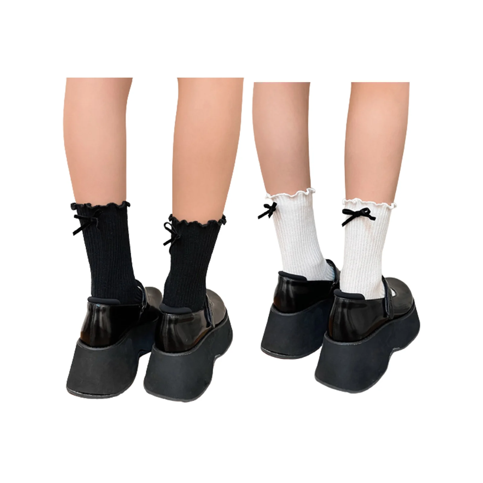 

Bow tie pile socks black and white combination 1 pair