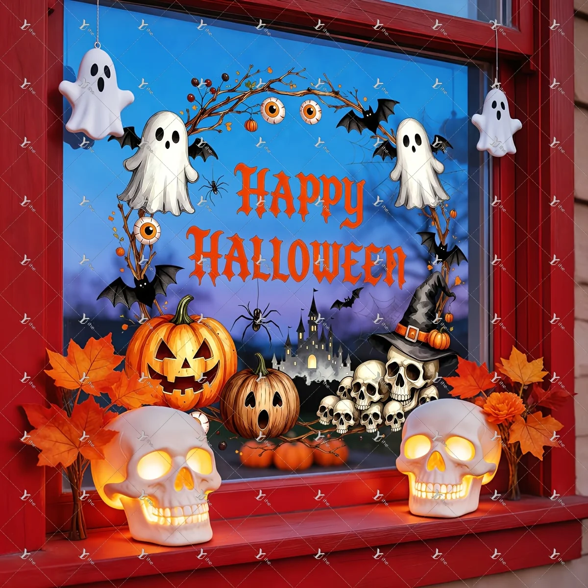 1pc Halloween Themed Wall Sticker Window Decal, Featuring Ghost, Bat, Pumpkin, Skull and 