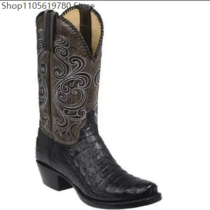 Men Square Toe Embroidered Knight Boots European Chelsea Style Low Heel Leather Shoes Ideal For Holiday Cosplay Carnival Wear