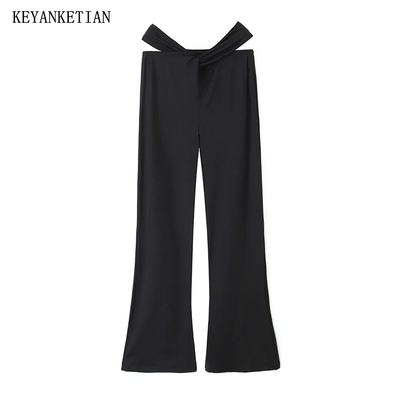 

KEYANKETIAN 2024 New Launch Women's Hollow out Low-waisted Bell Bottoms Sexy Cross Elastic Waist Slim Black Pants Trousers