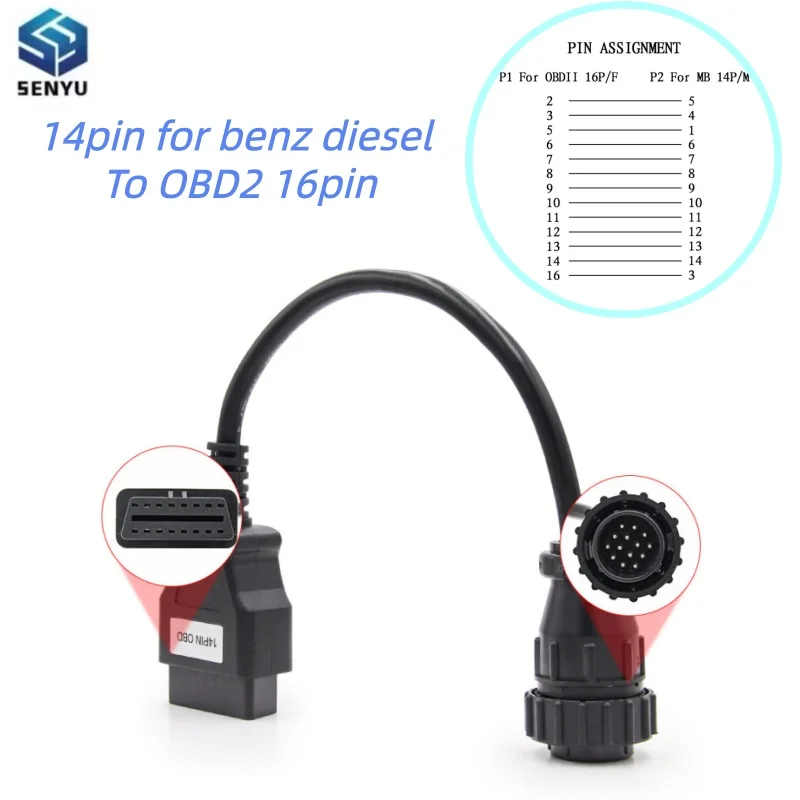 For Benz 14pin To 16Pin OBD 2 Extension Cable Connector OBD To OBD2 Cable Adapter Car Truck OBDII Diagnostic Auto Tool 14 Pin