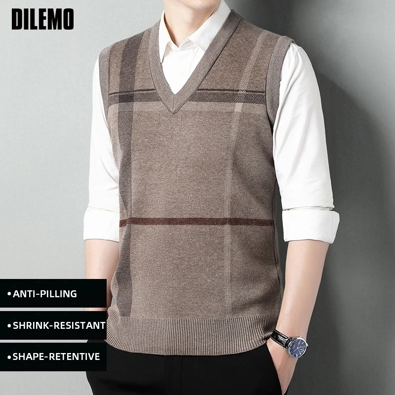 

Top Grade New Autum Winter Fashion Brand Knit Pullover V Neck Woolen Sleeveless Sweater Vest Mens Casual Men Clothes