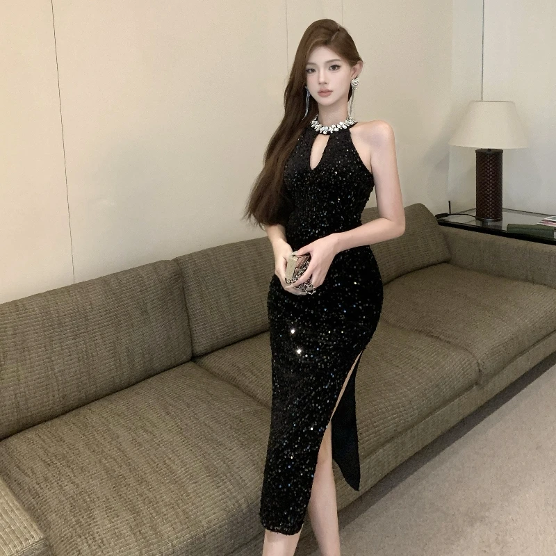 Abito da sera alla moda francese di fascia alta autunnale Abito da festa sottile con paillettes con scollo all'americana da donna Elegante abito formale da banchetto