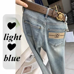 Y2K Light blue jeans for women in spring autumn high waist slim fit straight leg cropped pants trendy cigarette tube pants 2024