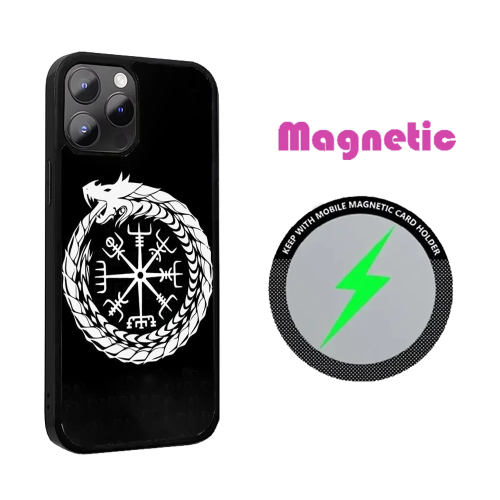 Black Vegvisir Runes Viking Phone Case For iPhone 16 15 14 13 12 11 PRO MAX PLUS Mini Magnetic wireless high quality phone case