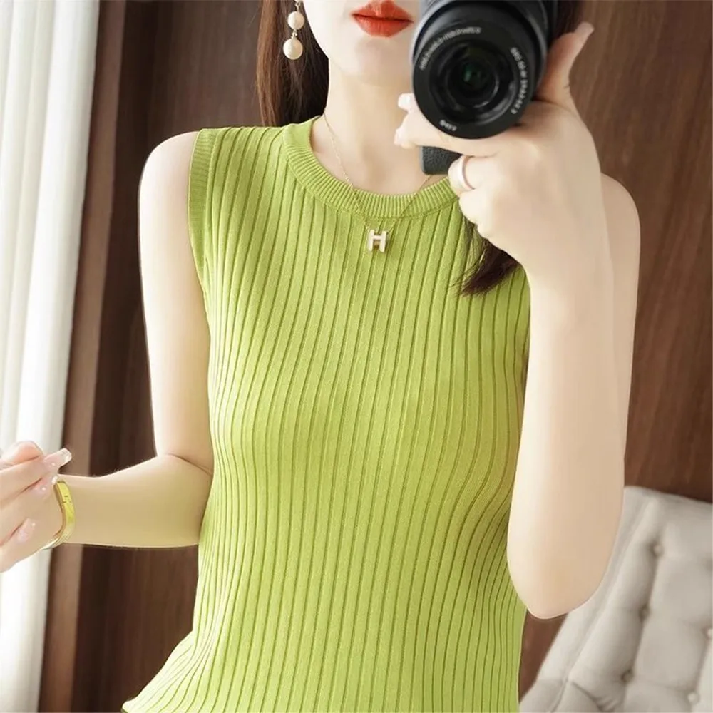 Y2K Tank Top Half Neck Vest Female Sleeveless Sweater O-neck Knitted Top Women Chic Cut Out Streetwear Solid Skinny Tube Top