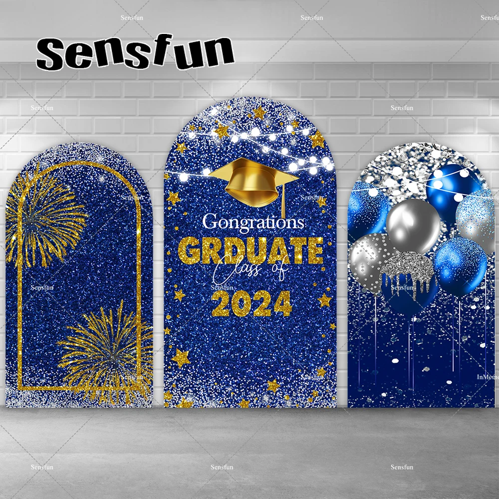 Congratulation Graduation Graduate Arch Backdrop Children Back To School Royal Blue Balloon Glitter Photographic Background