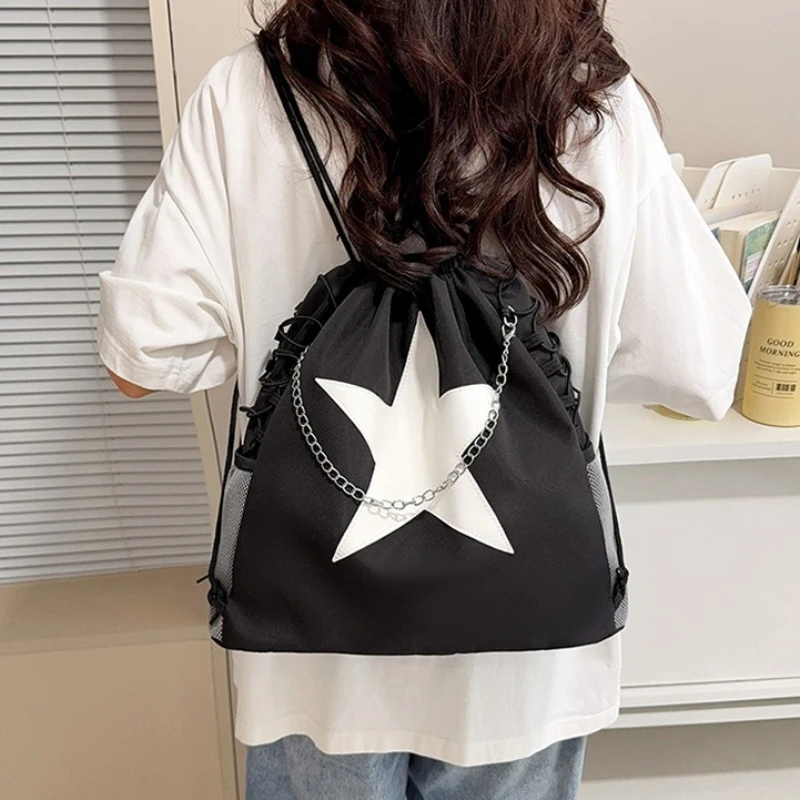Sweet Cool Chains Drawstring Backpack Women Nylon Large Capacity Travel Backpack for School Daily Outing Stain Resistant Bag