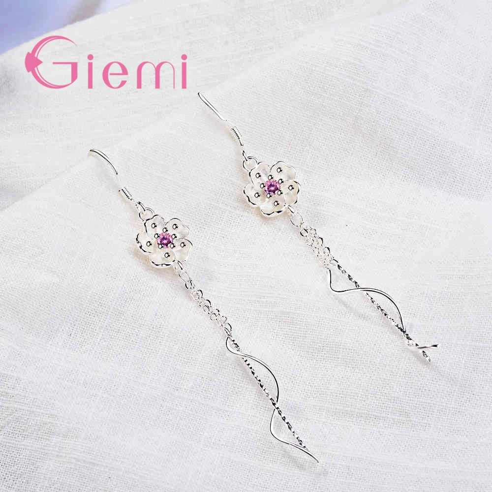 New Arrival Long Earrings 100% 925 Sterling Silver High Quality Pink Cubic Zirconia Pretty Flowers Shape For Women Jewelry