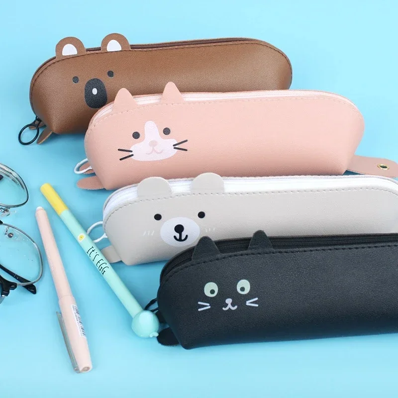 Funny Animal Shape Pencil Bags PU Leather Cute Cat Bear Pencil Bags Children Stationery Pen Pencil Holder