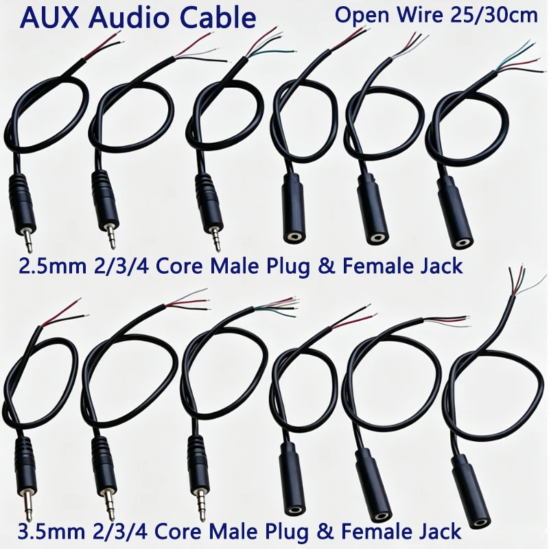 Image of 1 Stück 3,5mm 2,5mm AUX-Audiokabel 2 3 4-adrig TS TRS TRRS Stecker Buchse Offenes Kabel 25/30cm DIY für Auto-Lautsprecher Kopfhörer MP3