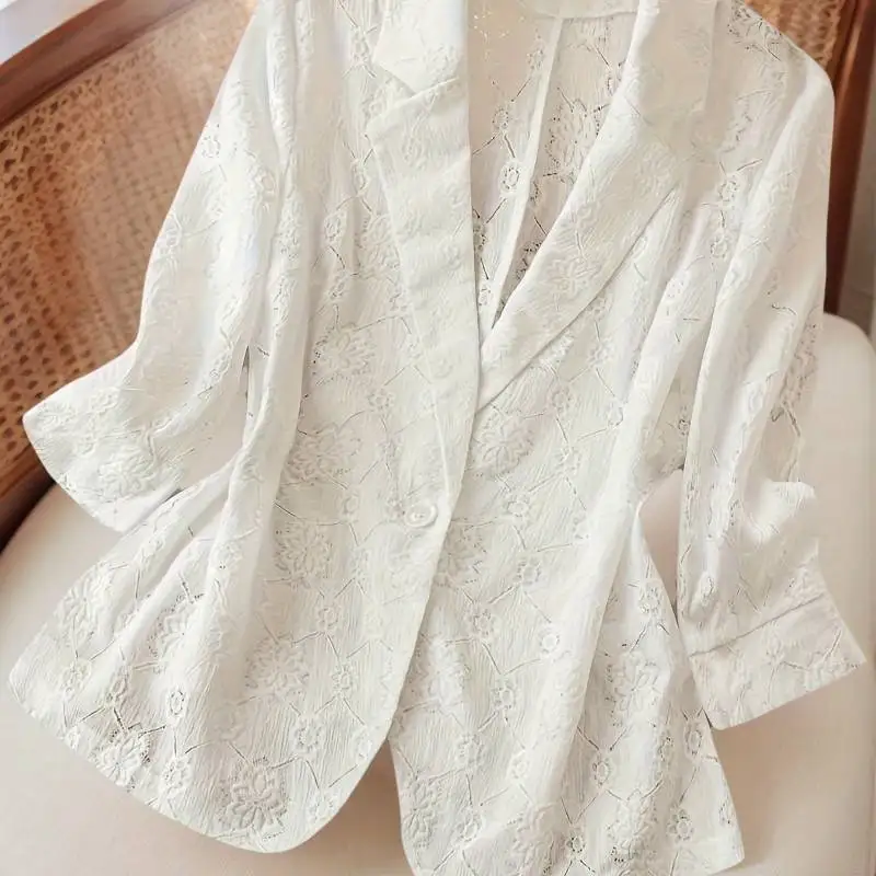 

New Women's Solid-Color office lady Shirt | Crocheted Cutout & Jacquard Design, Blazer Collar, Long-Sleeve Top