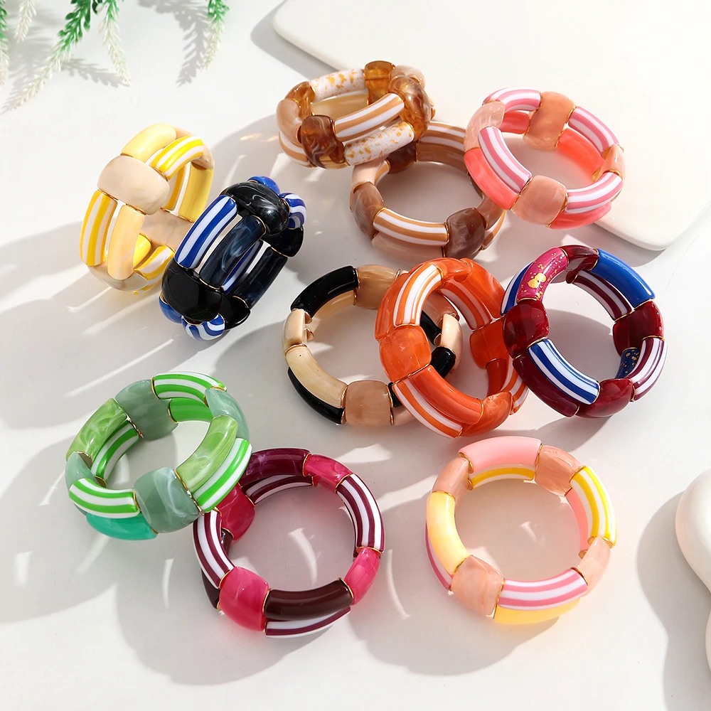 Exklusive bunte doppellagige Acryl-Armbänder für Damen, Harz-Armreifen mit gebogenem Rohr, modischer Schmuck, Geschenk – Detail 3