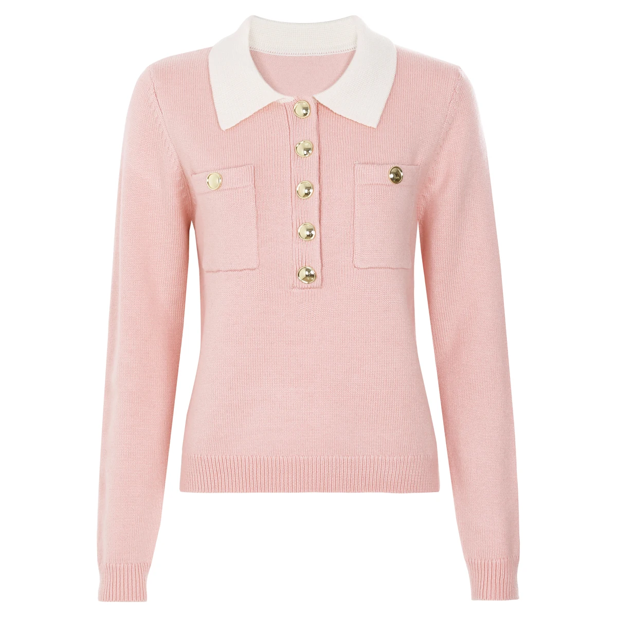 

High Quality Spring And Autumn New Women's Fashionable Temperament Socialite Lapel Contrasting Long Sleeved Knitted Sweater Top