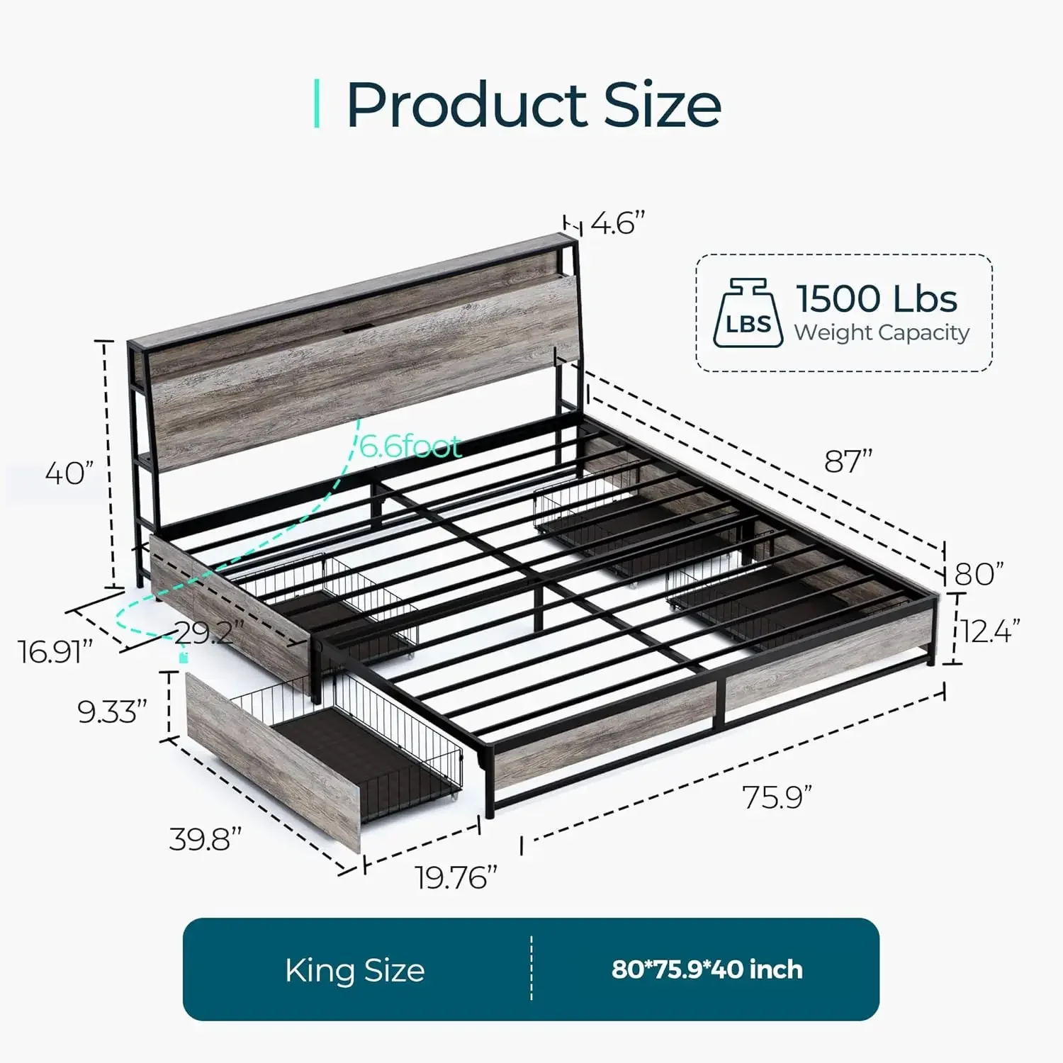 LINSY King Size Bed Frame with 4 Storage Drawers, Ergonomic Headboard, Charging Station & LED Lights, Noise-Free, No Box Spring