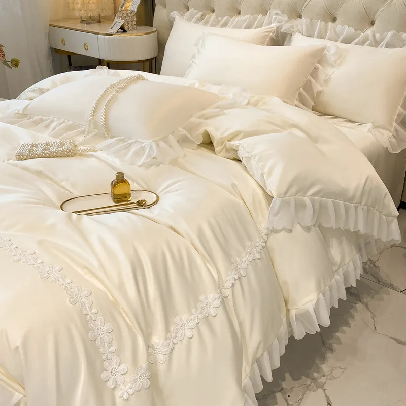 

New washed tencel lace four-piece set, solid color princess style bed sheet and duvet cover, solid color all-cotton