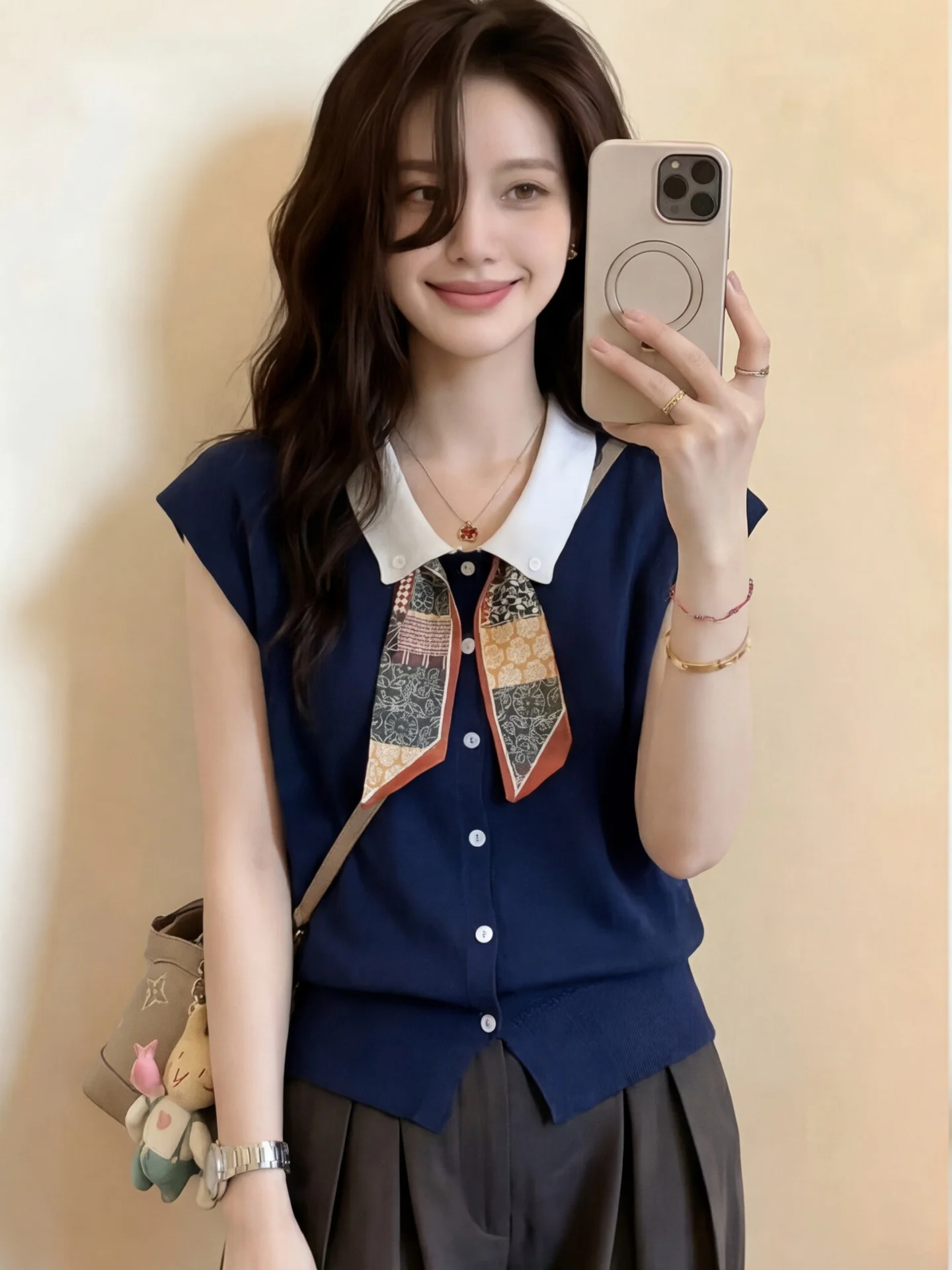 

Lightweight Ice Silk Knitted Shirt Women's Slim Fit Collar Color Block Korean Style Breathable Casual Top Summer Fashion