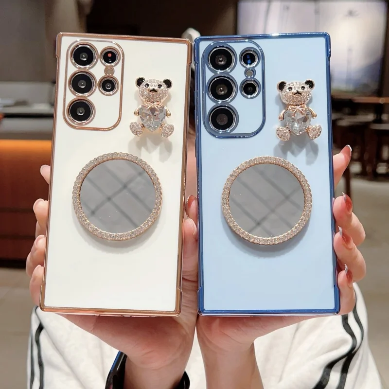 

Women Luxury 3D Diamond Bear Phone Case With Makeup Mirror Protective Cover for Samsung A12 A13 A14 A15 A16 A23 A24 A25 A26
