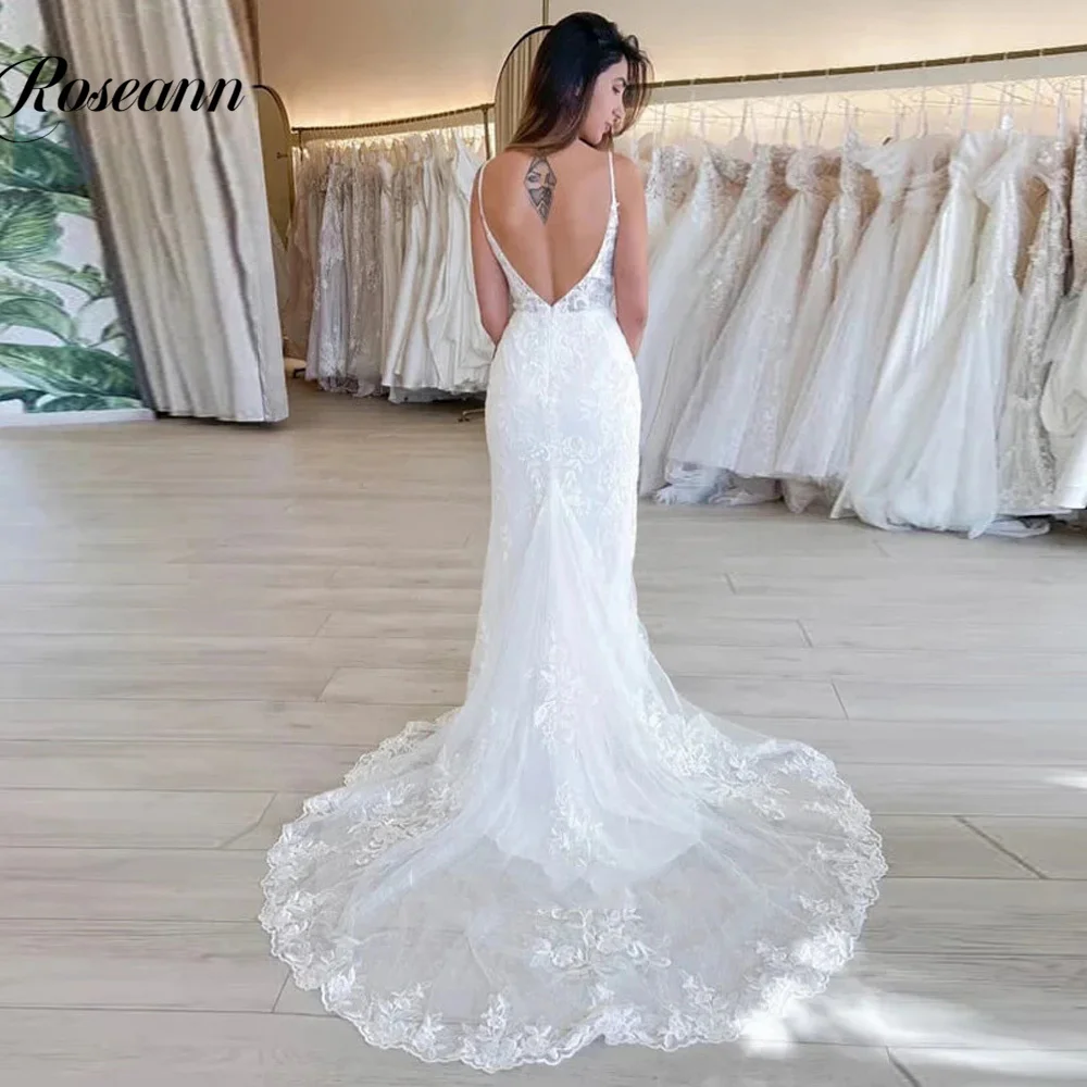 Charmante robe de mariée sirène avec appliques en tulle, bretelles spaghetti, robe de train de chapelle, robes personnalisées pour les patients, quelle que soit la chapelle