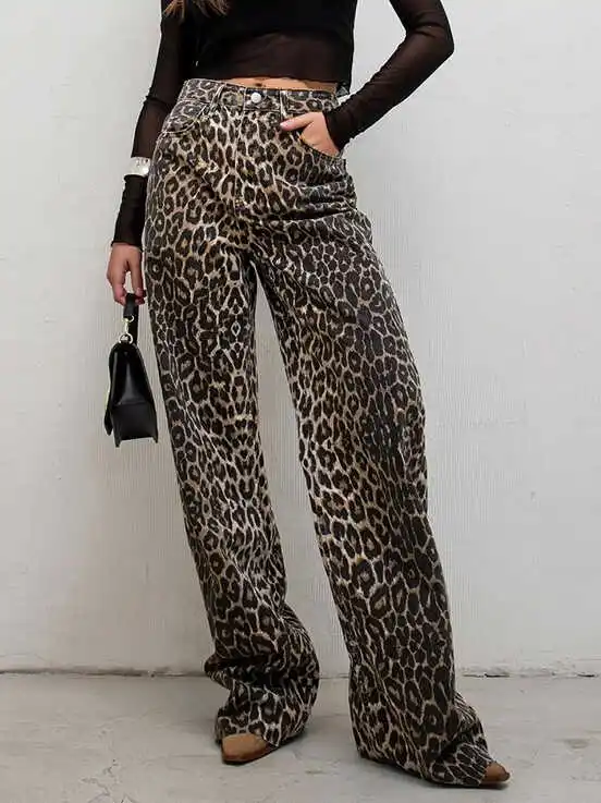 ارتفاع الخصر مستقيم الساق ليوبارد طباعة عارضة السراويل Faion مثير الشارع Sle السراويل الطويلة المرأة عارضة Faion السراويل #4