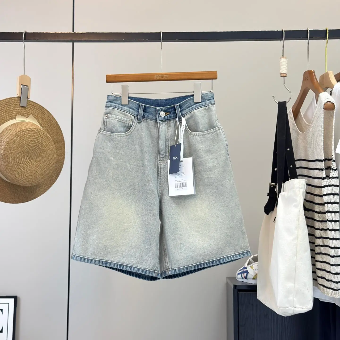 

Retro High Waist Design Sense Jeans Double Side Heavy Work 100 Cotton Five Parts Wide Leg Shorts Women's Summer Fashion