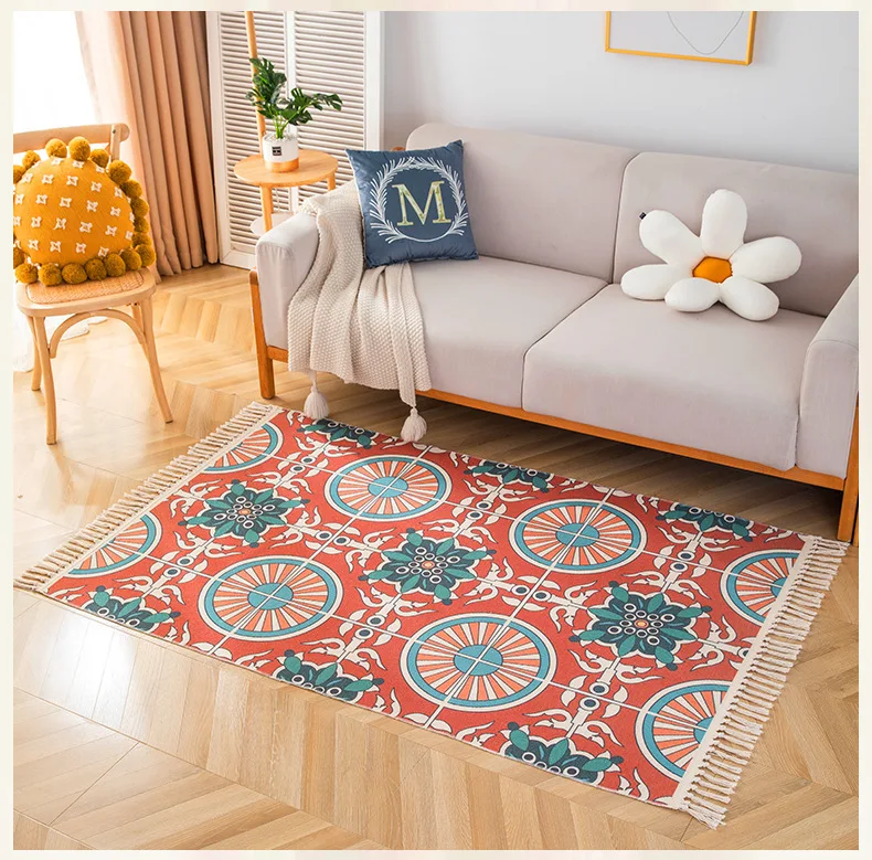 Turkish style Cotton Linen Carpet for Living Room Decoration Bedroom Bedside Large Rugs Anti-slip Home Sofa Table Mat