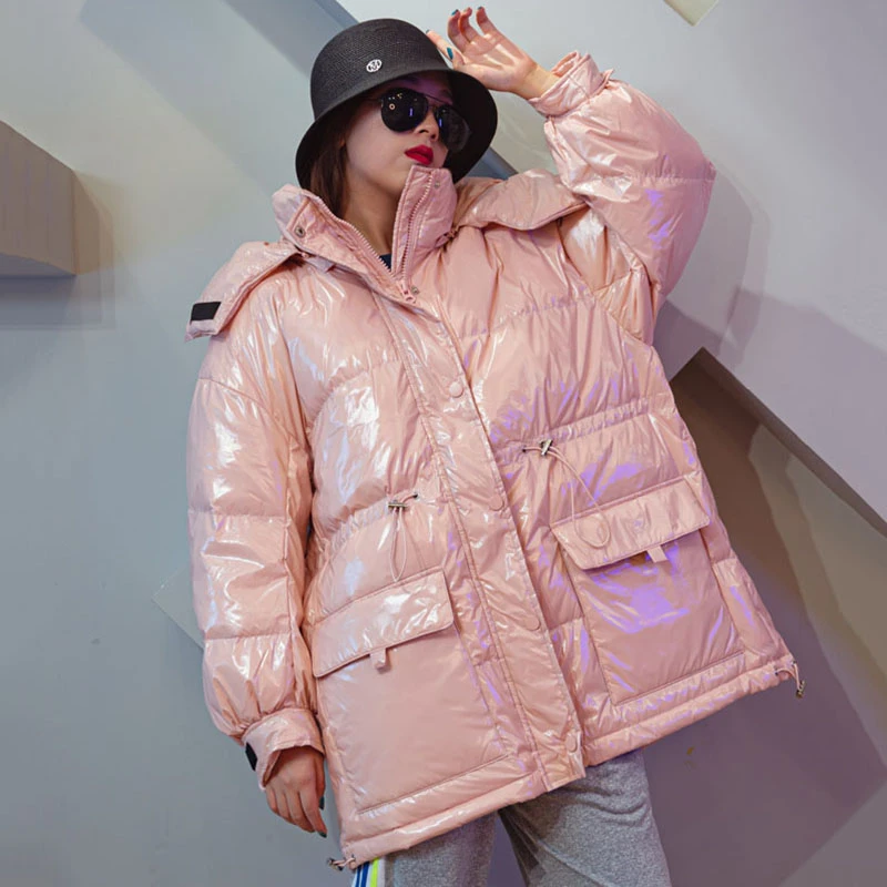 Piumino oversize da donna con cappuccio Parka 2024 Fashion Glossy Waterproof Candy Colors Warm 90% White Duck Down Coat Winter