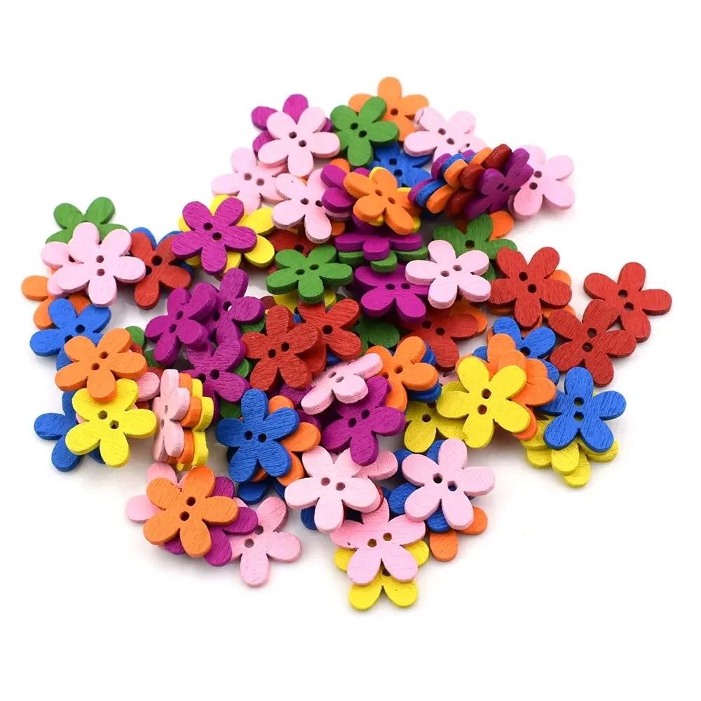 100Pcs/Set 2-Hole Mix Color Plum Flower Shape Wooden Buttons for Sewing Scrapbooking Craft Technological Garment Accessories