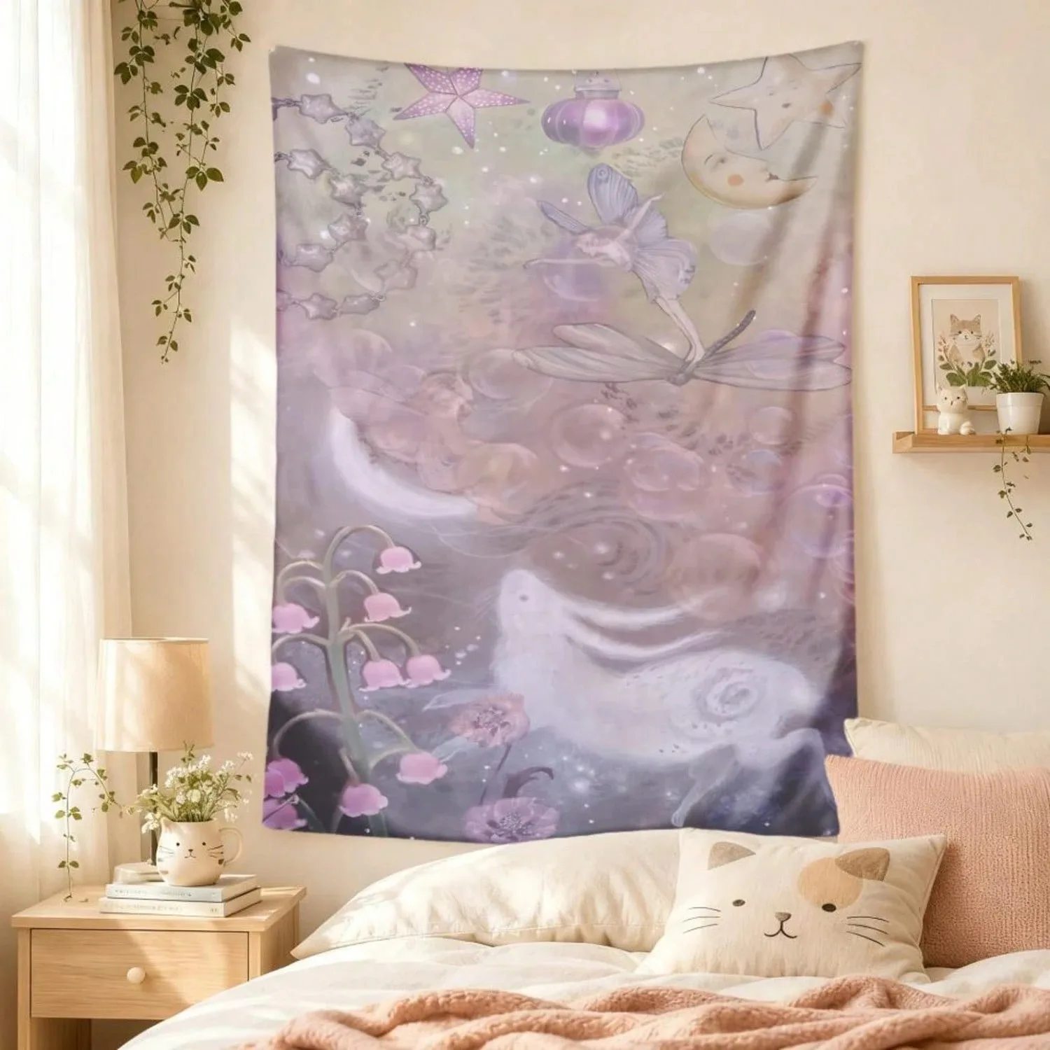 1pc Dreamy Fairy Rabbit Tapestry Pastel Purple Watercolor Moon Star Dragon Tapestry,Decor for Bedroom Living Room Dorm Home Gift