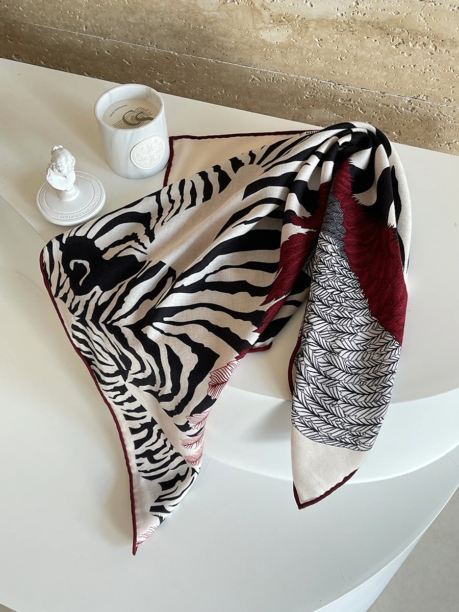 

Zebra Silk Wool Scarf 65CM Small Scarves Hand Rollerd Edge Shawls Head Hair Neck Decoration Winter Christmas Gift