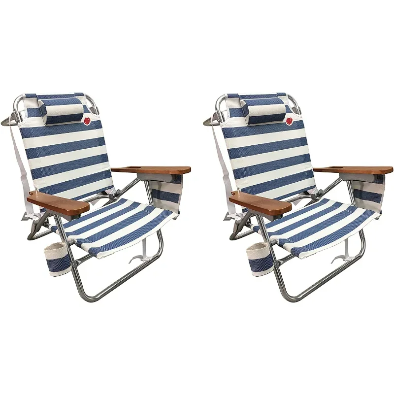 (2-Pack) 5 Position Aluminum Beach Chair - Blue/ White  Outdoor Furniture  Recliner Chair  Camping