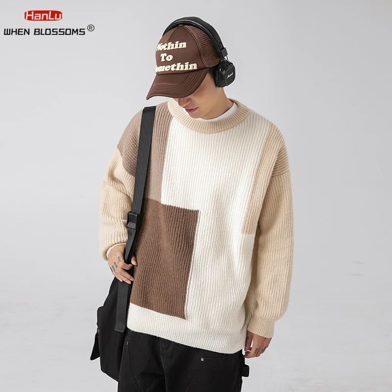 Autumn Winter New Sweaters Men\'s Women\'s Korea Fashion Color Block Patchwork Knitted Casual Pullovers Street Couple Clothing