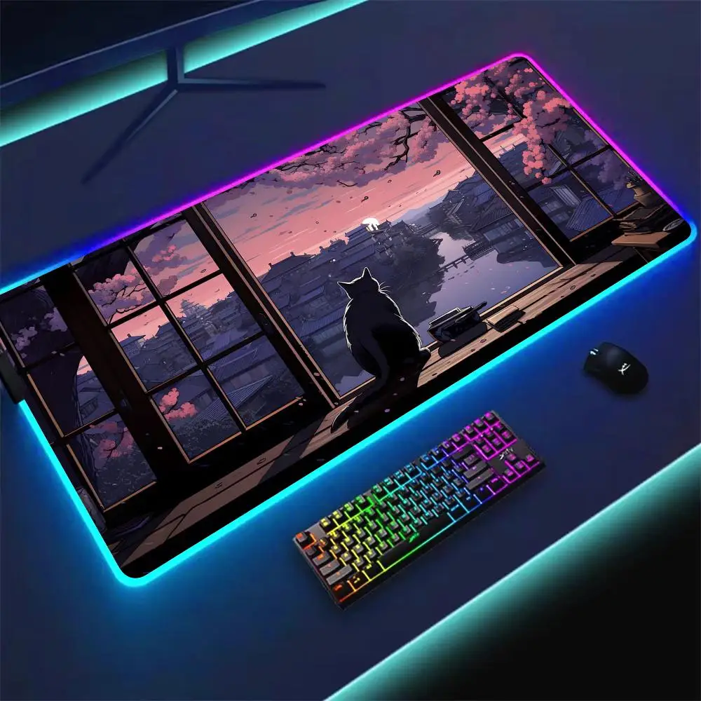 

RGB Mouse pad Ukiyo-e cat illustrations gaming mat rubber anti-slip Desk Mat LED glow Gaming keypad mousepad pc accessories