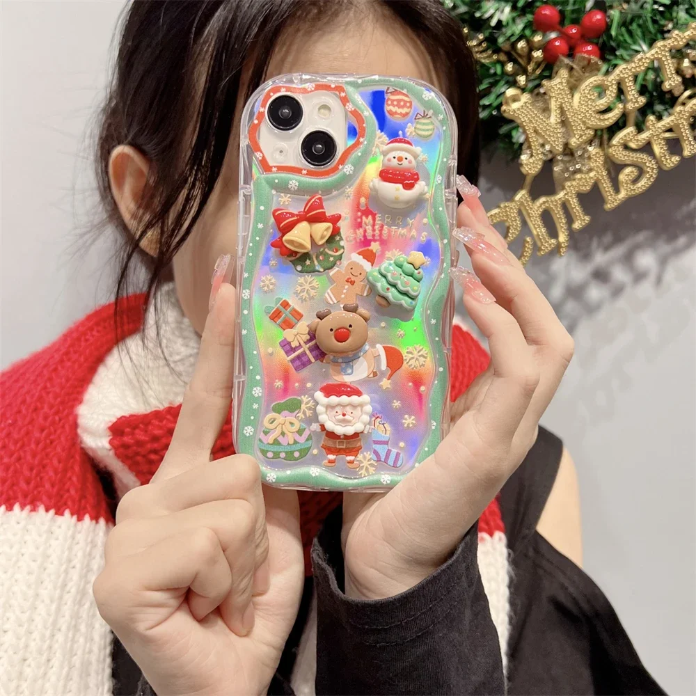 Cute 3D Santa Claus Elk Snowman Christmas Tree Phone Case For iPhone 15 Pro Max 12 14 Pro 11 13 XS 7 Plus Laser Clear Cover