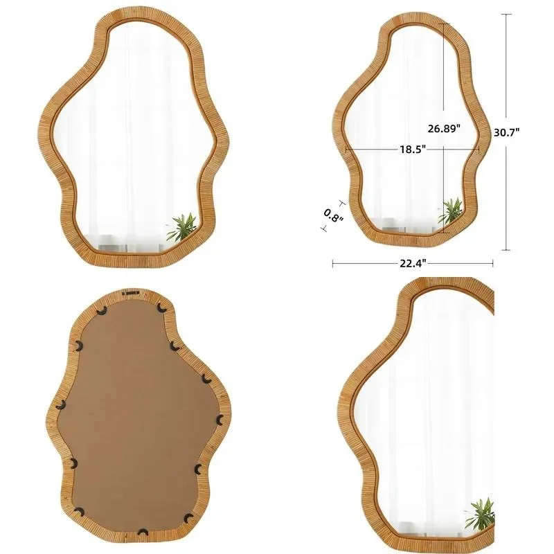 Farmhouse Decoration Living Room Dresser Espejos Handmade Irregular Natural Rattan Mirror Hanging Rustic Wicker Bathroom