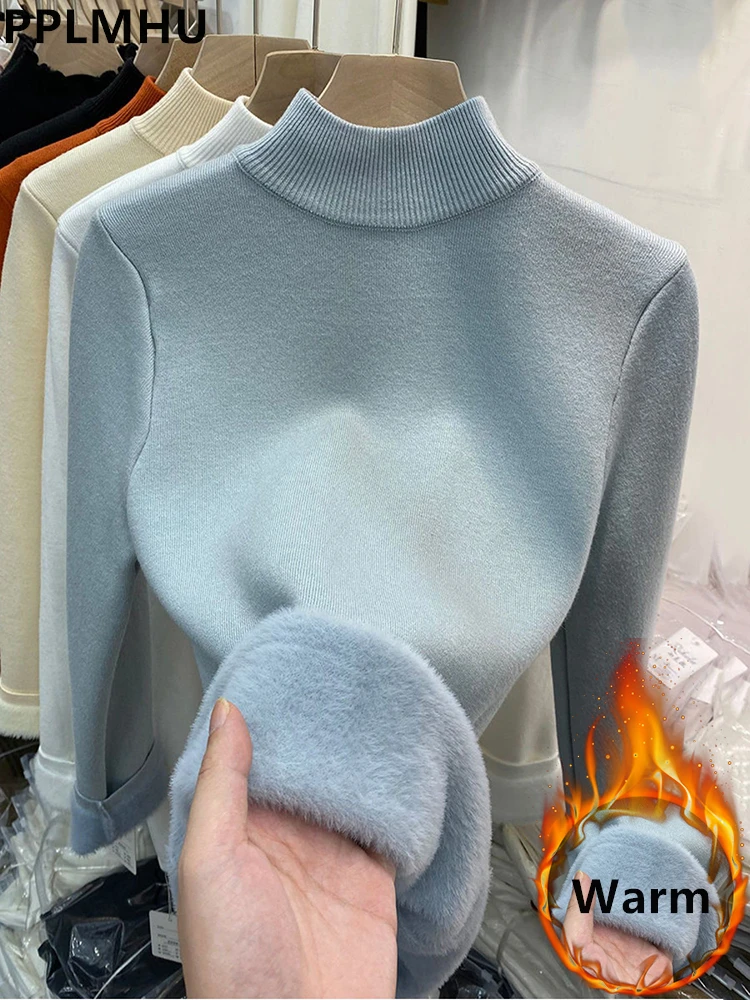 Half Turtleneck Sweater Winter Slim Thicken Knitwear Jumper Woman Soft Knit Pullovers Casual Plush Fleece Lined Warm Malhas Tops