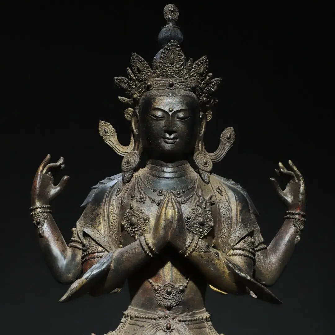 Handmade Large Tibetan Brass Gold Gilded Four-armed Avalokitesvara Statue Home Altar Vintage Decor Gift
