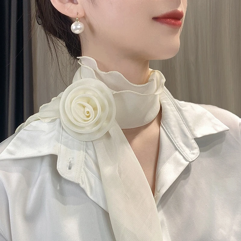 

Women's Fashion Silk Scarf with Rose Flower Design Versatile Soft Necktie for Girls Long Ribbon Office Wear Gift
