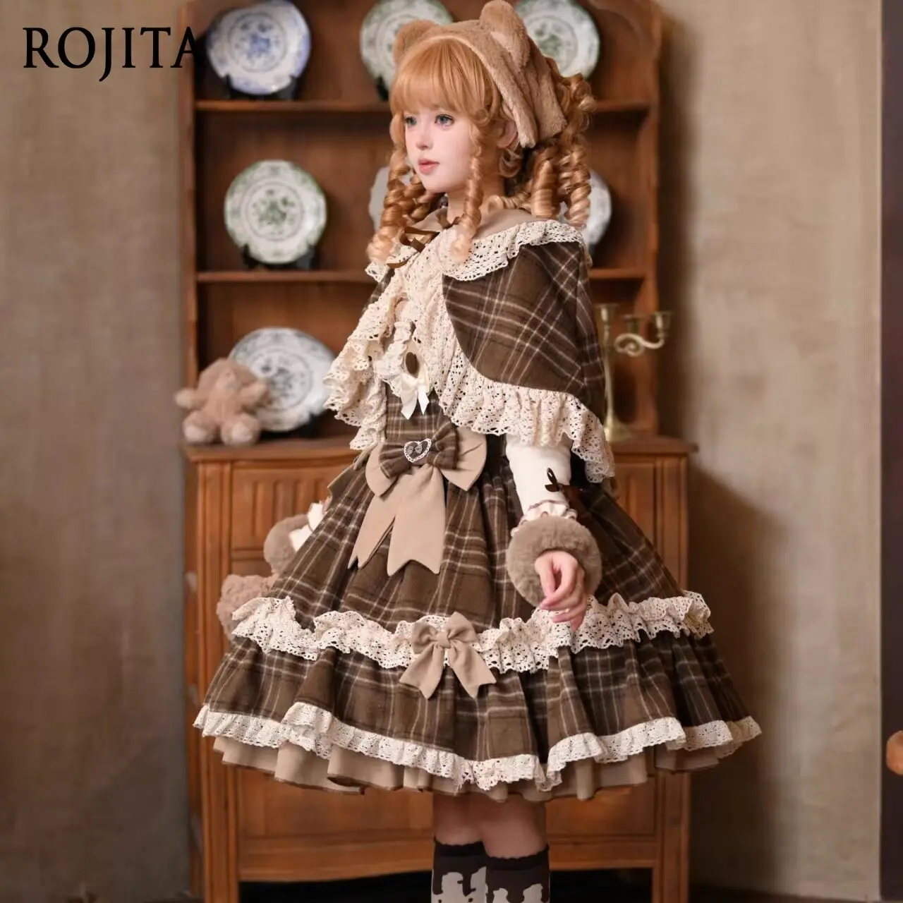 

Brown Checkered JSK Autumn and Winter Lolita Plaid Capelet + Dress + Inner Top Full Set Lolita Jsk Three-piece Set