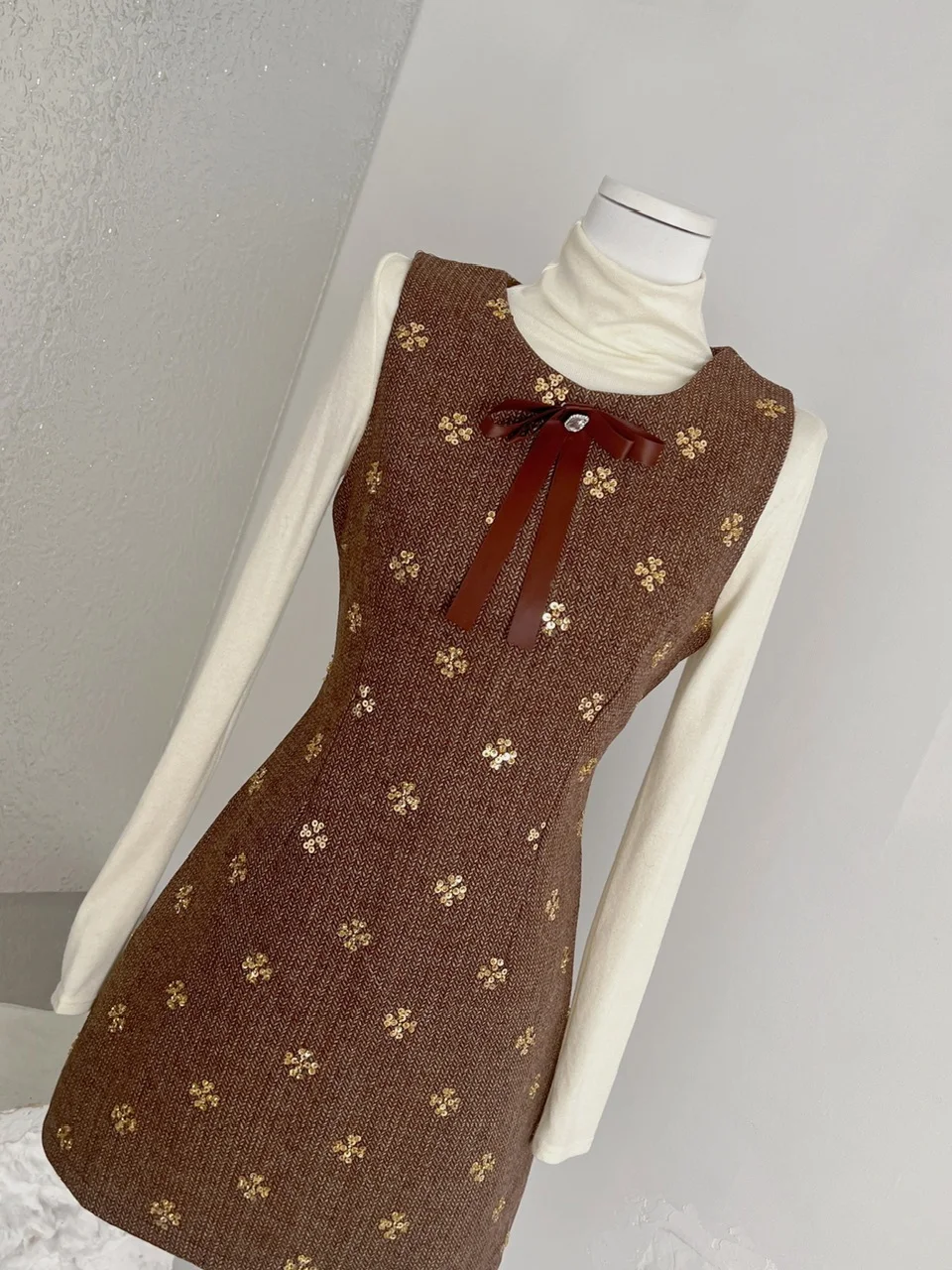 Ele Layered  Knot Vest Dr High Collar Inner irt Faion Set Long Sve Winter Women's Ensemble