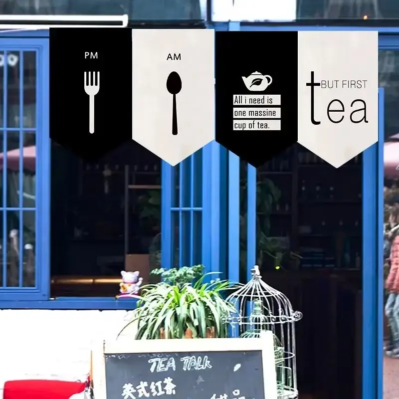VIKAMA Coffee Tea Bar Decor Black White Hanging Banner Curtain Triangle Bunting Pennant Garland Flag for Cafe Kitchen Room