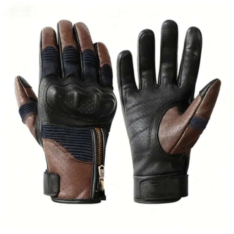 

Men's Summer Motorcycle Gloves - Sheep Leather Retro Perforated Breathable, Touchscreen Impact Resistant Riding Gloves