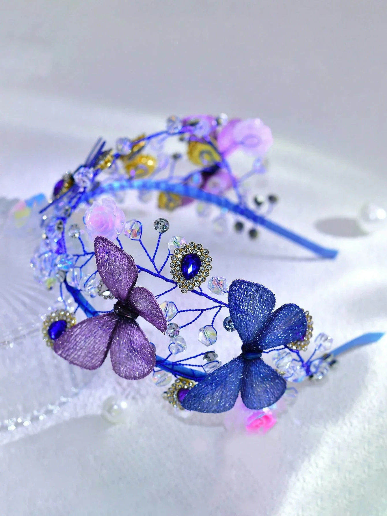 

French Retro 3D Crystal Butterfly Headband Starry Blue Decorative Hair Accessory For Women Wedding Party