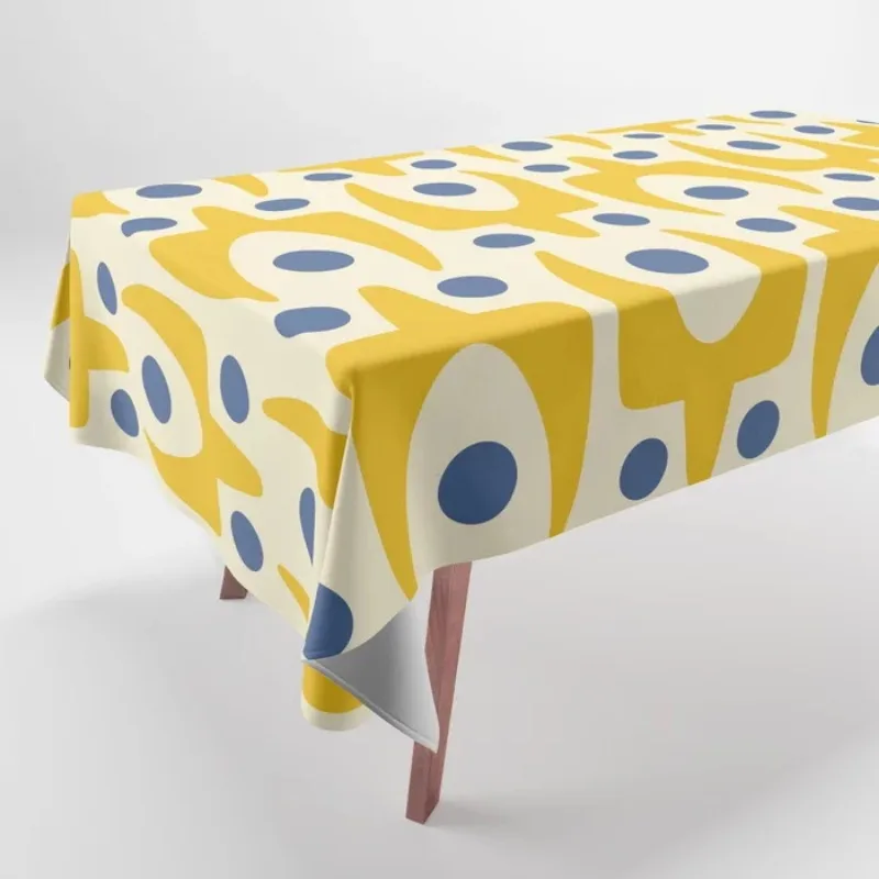 One vintage tablecloth - yellow and blue abstract bubble pattern, durable polyester fabric