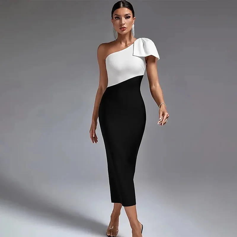 

Jirocum Elegant Mermaid Black Simple Prom Dress Women Bow One Shoulder Party Evening Dresses Tea Length Special Occasion Gowns