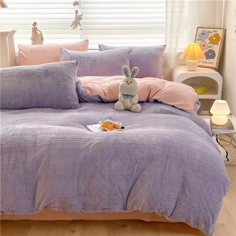 Good Quality Super Soft Thick Coral Fleece 4pcs Bedding Set Winter Quick Warm Velvet Quilt Cover Solid Color Flannel Flat Sheet